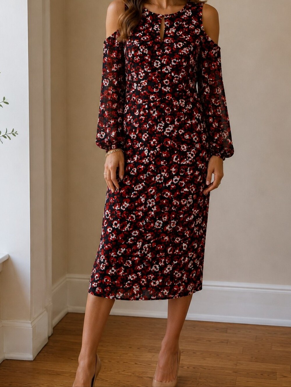 Ralph Lauren Black Cold-Shoulder Midi Dress with Red Floral Print
